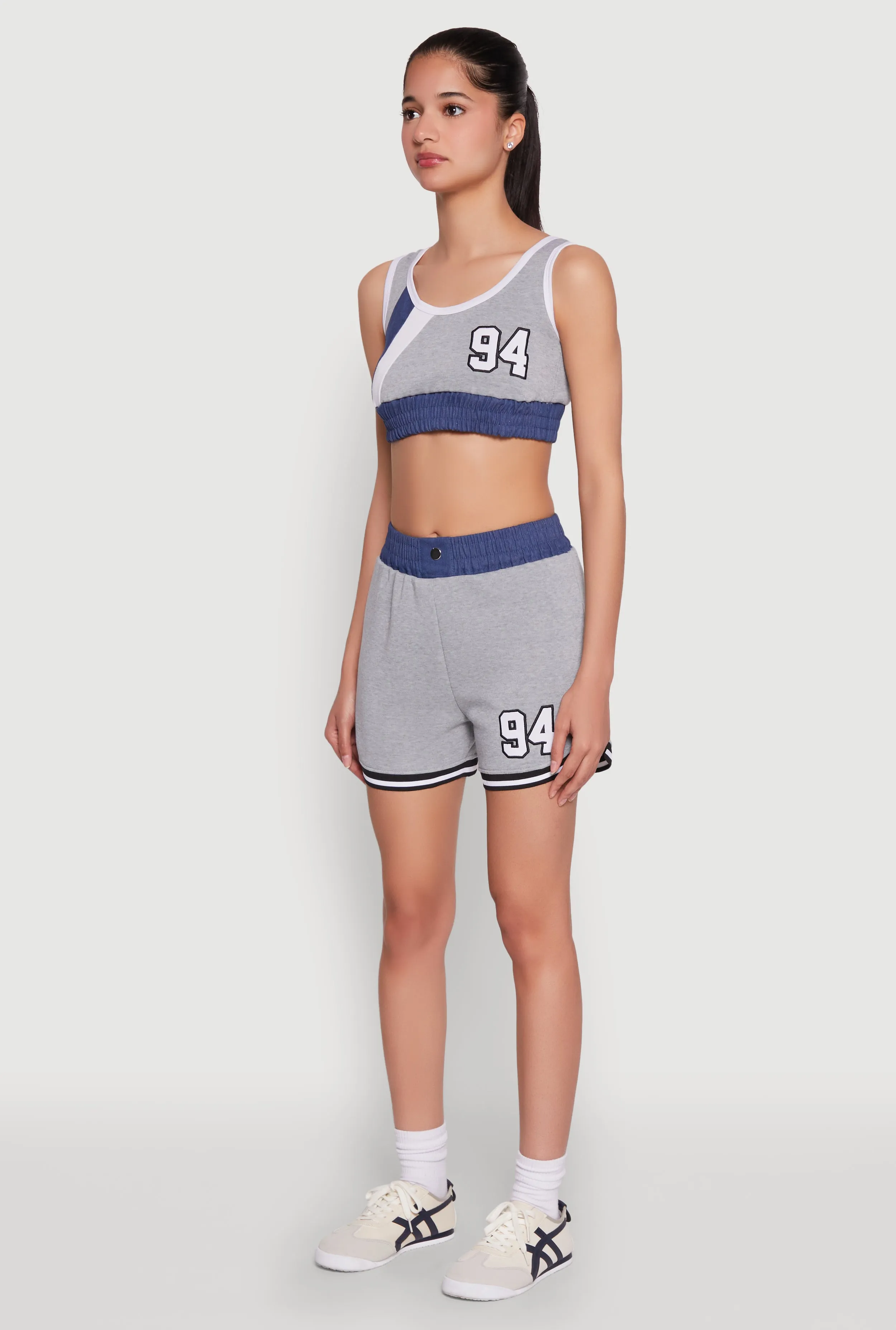 94 Graphic Denim Trim Crop Top