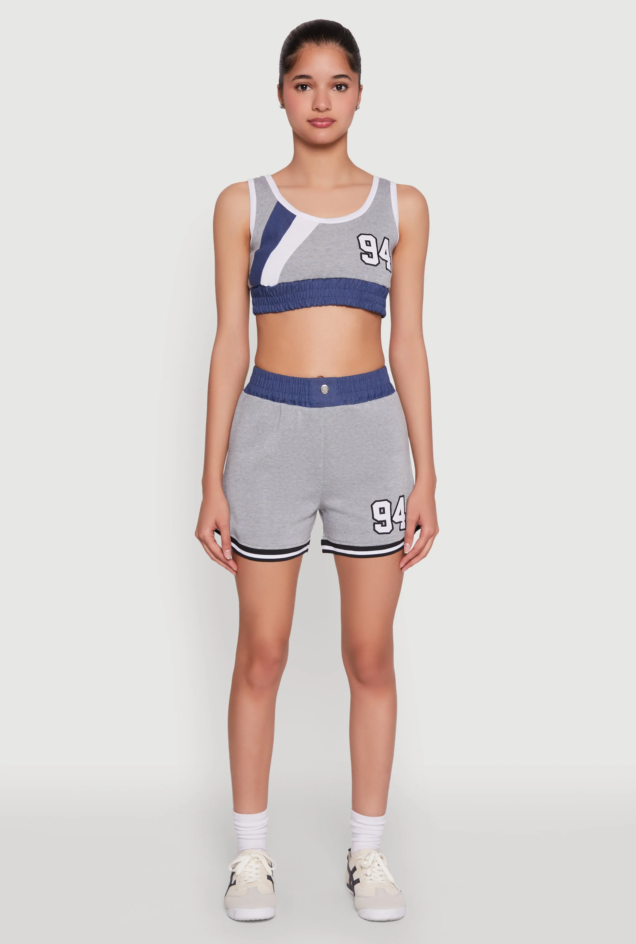 94 Graphic Denim Trim Crop Top