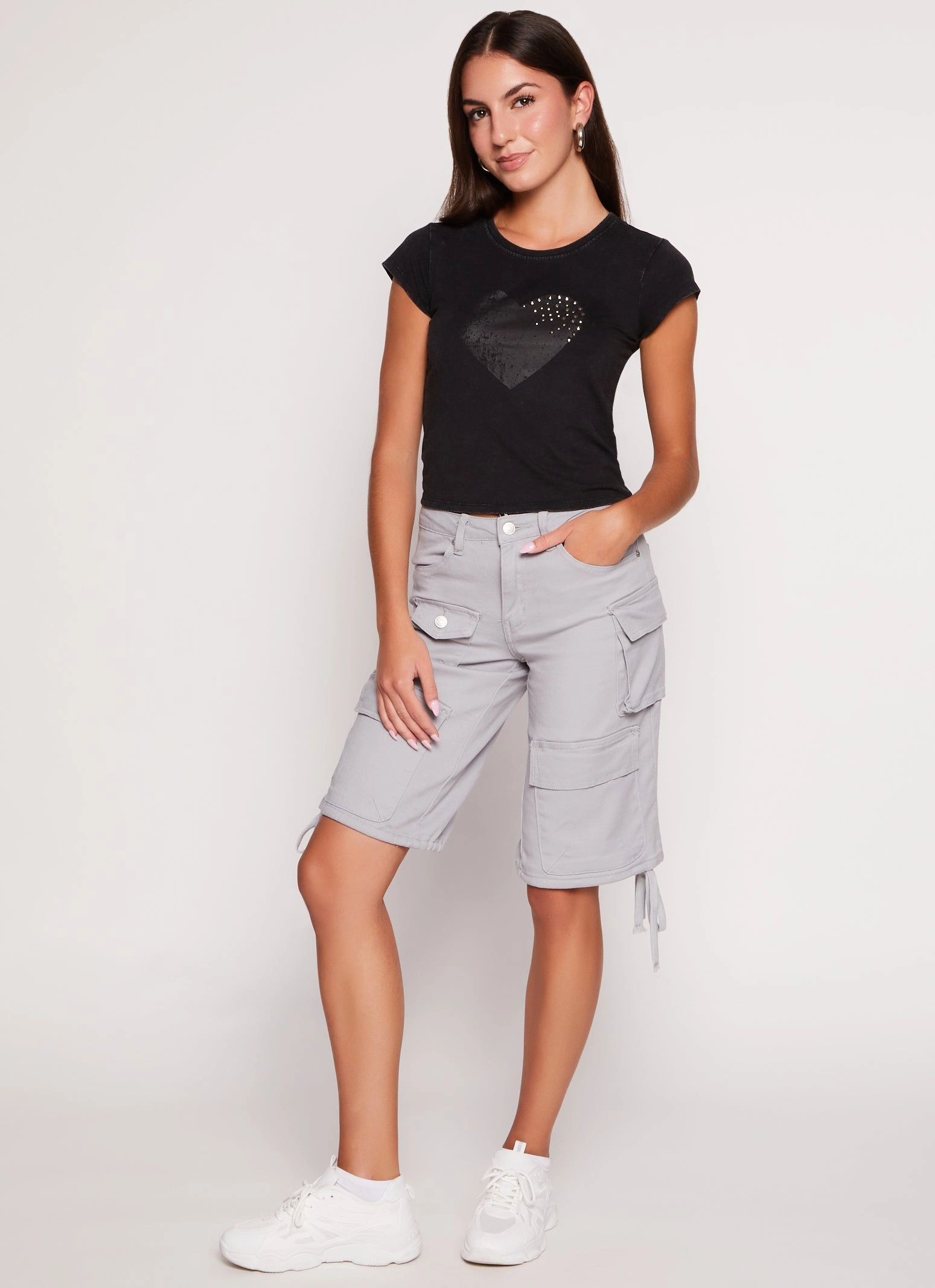 Acid Wash Studded Graphic Cropped Tee