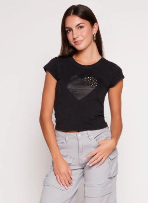 Acid Wash Studded Graphic Cropped Tee