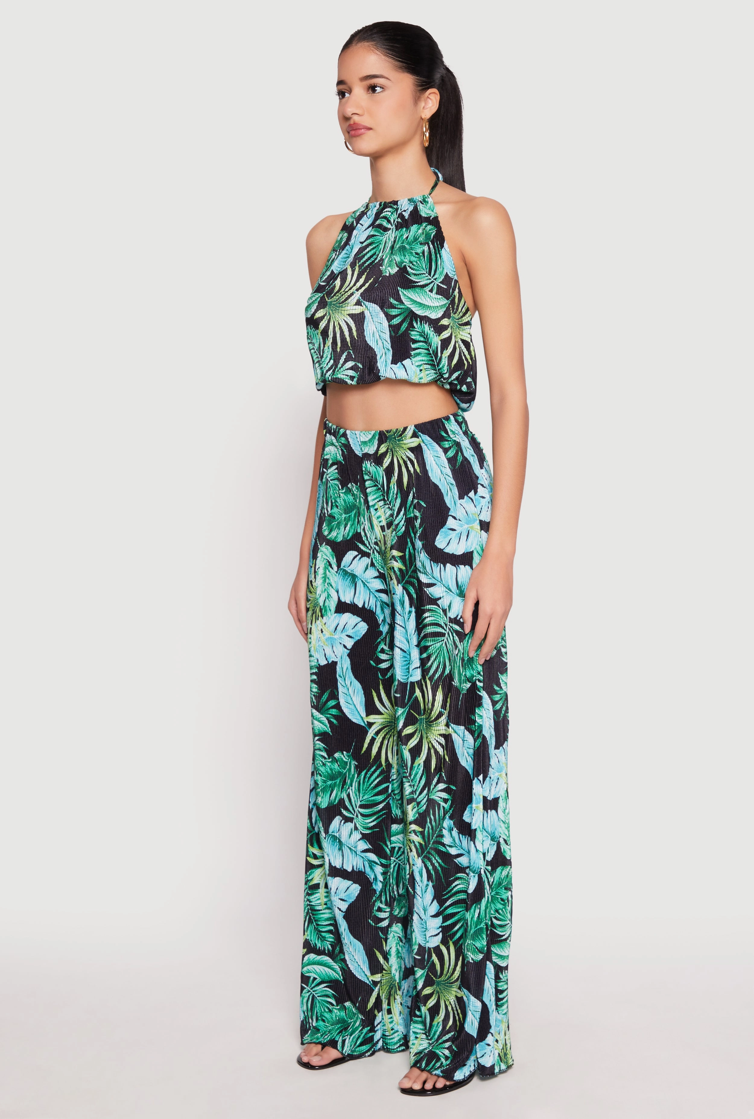 Almost Famous Plisse Tropical Print Halter Crop Top