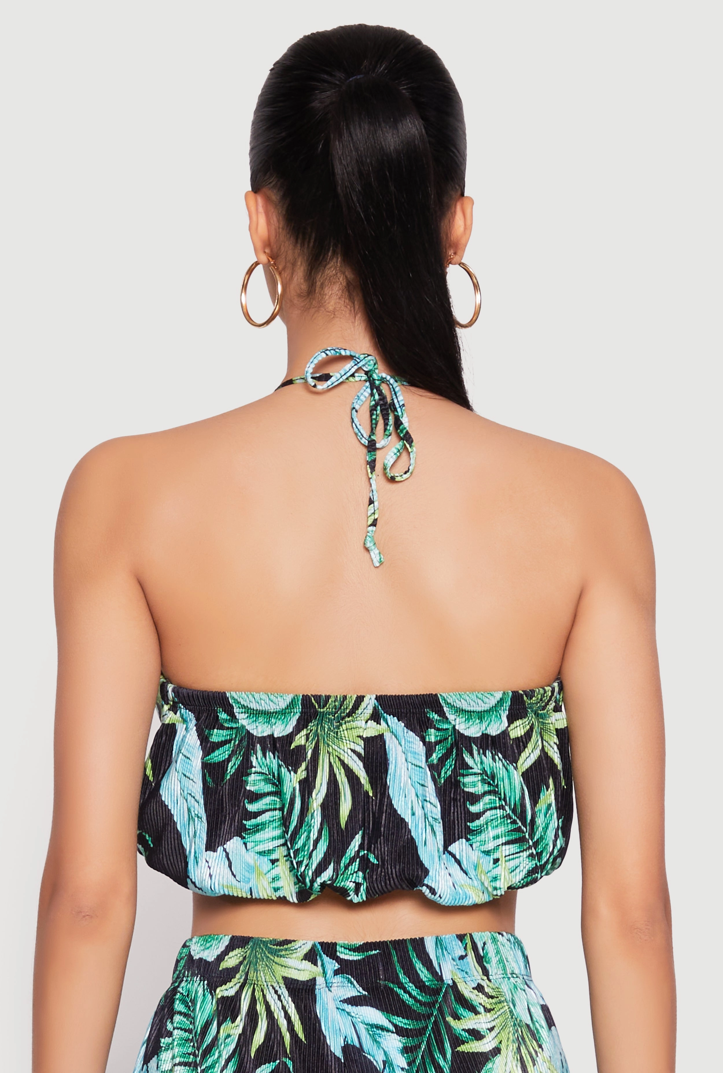 Almost Famous Plisse Tropical Print Halter Crop Top