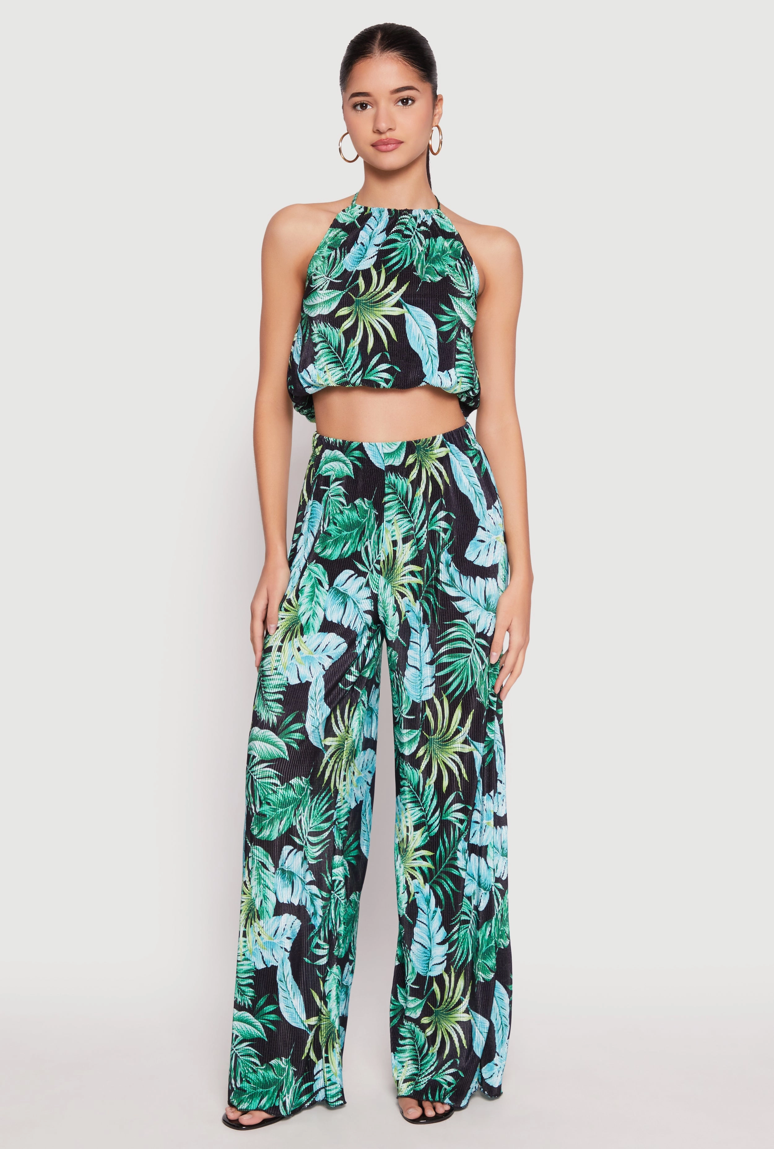 Almost Famous Plisse Tropical Print Halter Crop Top