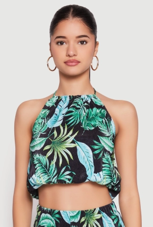 Almost Famous Plisse Tropical Print Halter Crop Top