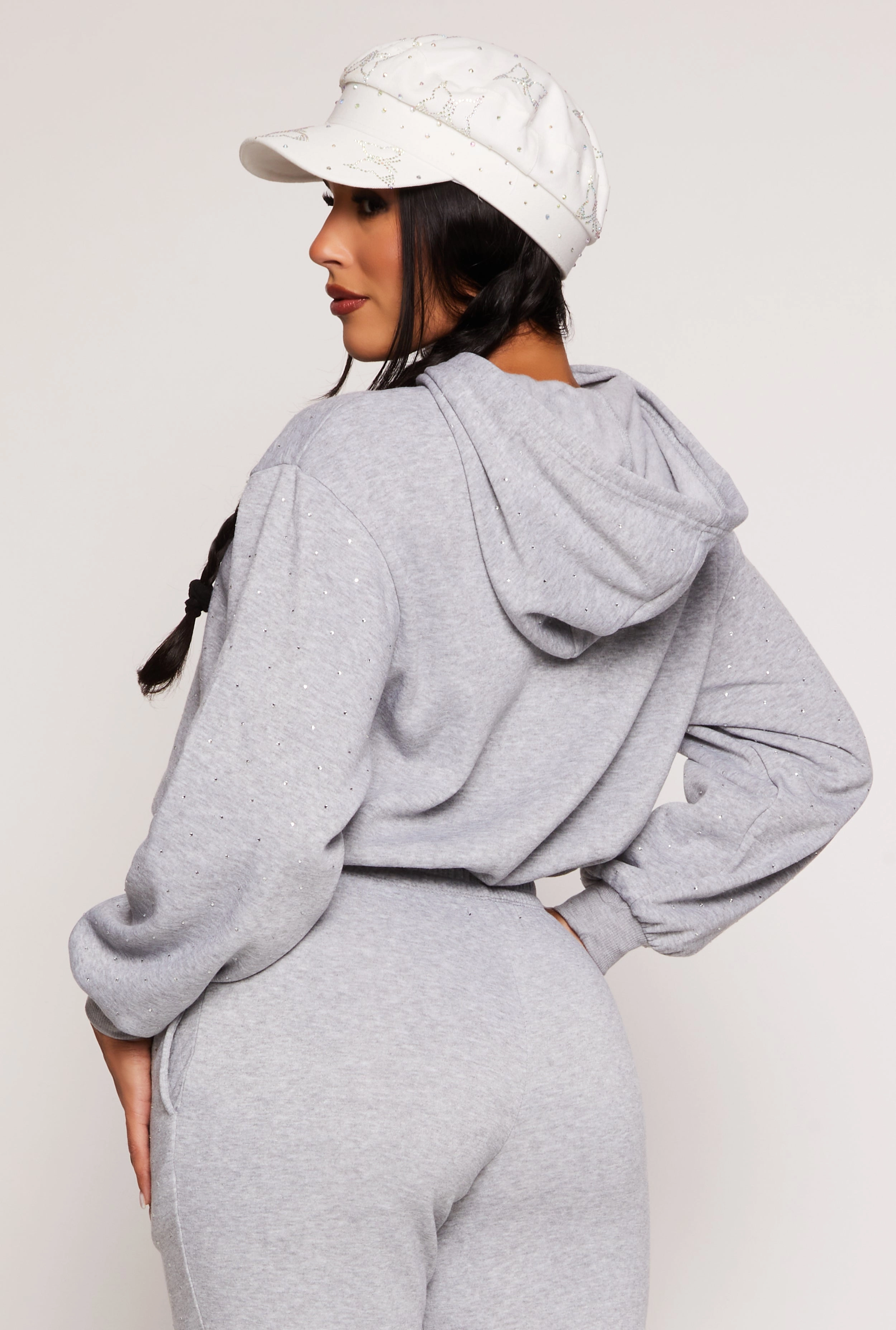 Almost Famous Rhinestone Bubble Hem Hoodie