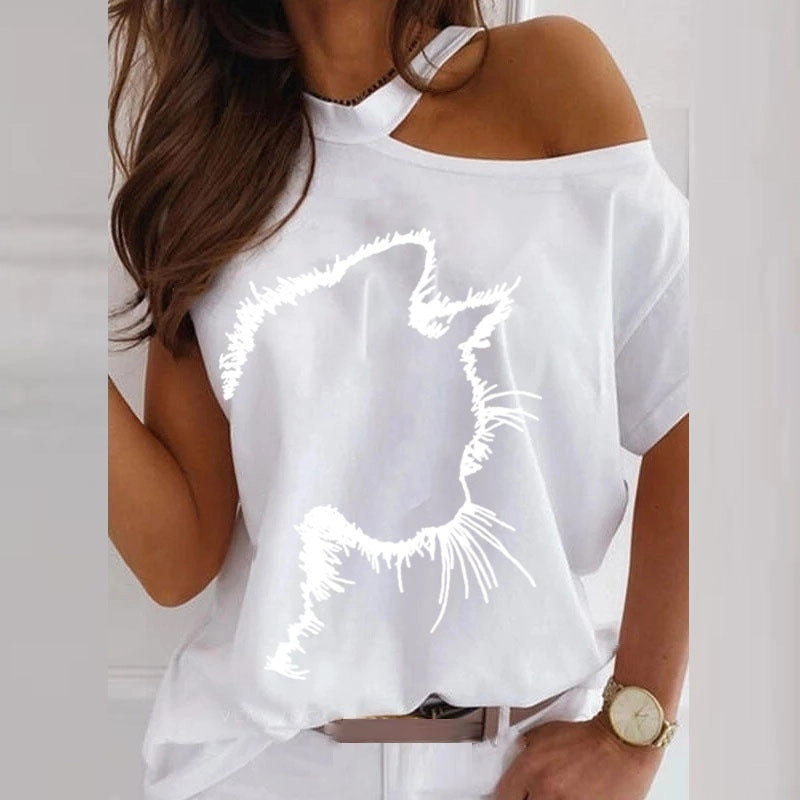 Cat Print Off Shoulder Short Sleeve Tee