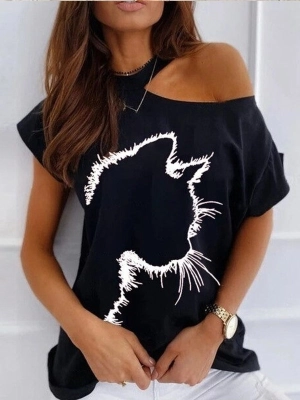 Cat Print Off Shoulder Short Sleeve Tee