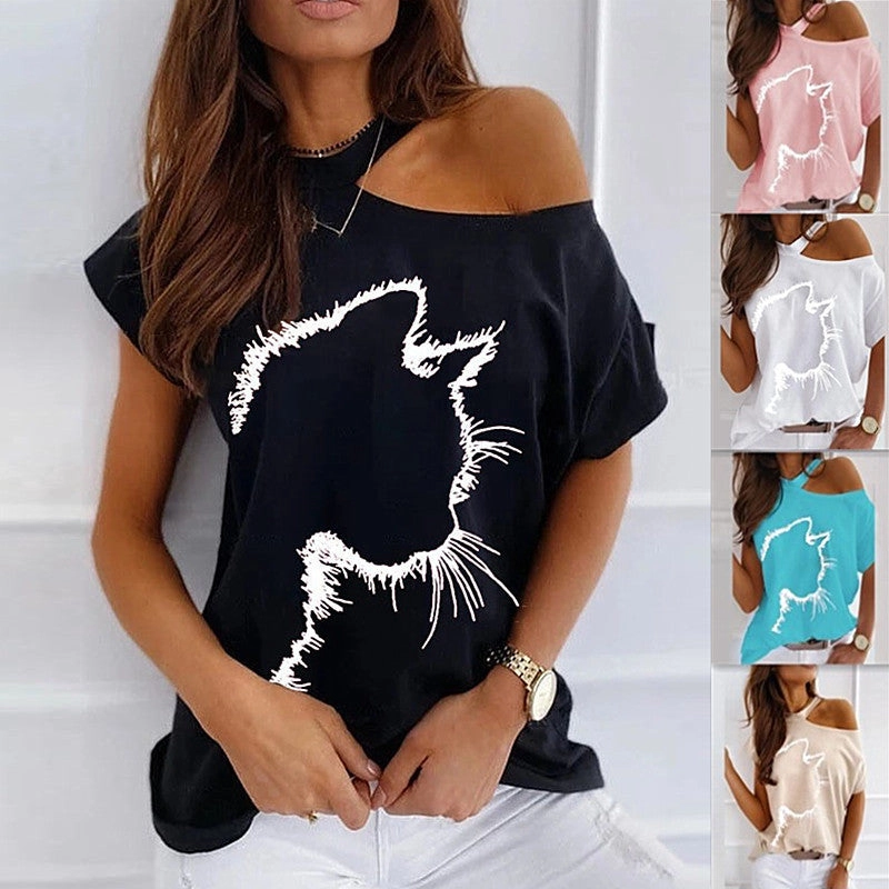 Cat Print Off Shoulder Short Sleeve Tee