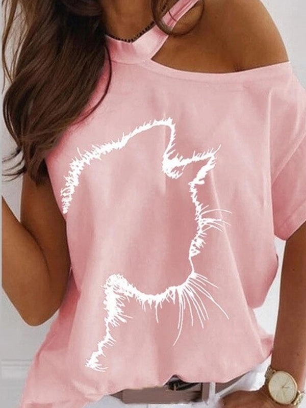 Cat Print Off Shoulder Short Sleeve Tee
