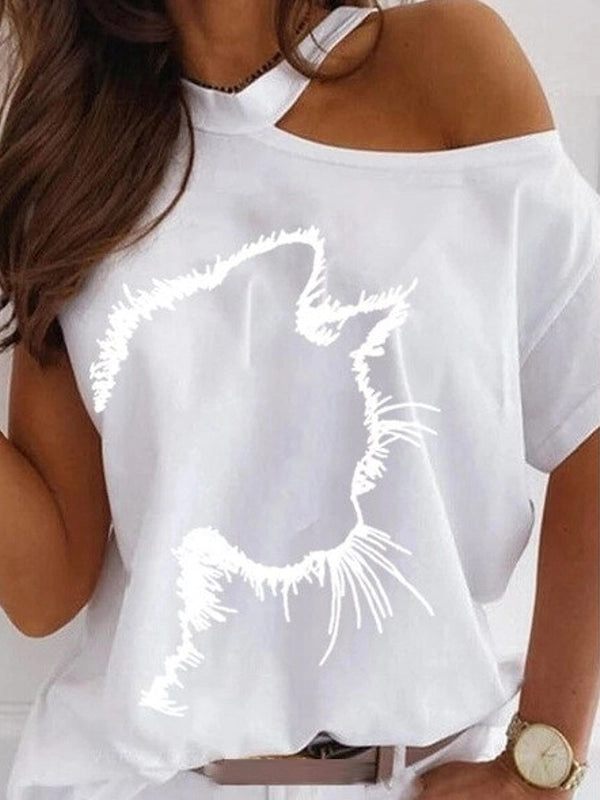 Cat Print Off Shoulder Short Sleeve Tee
