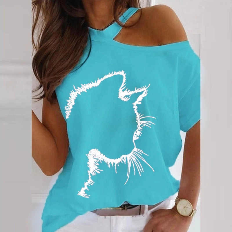 Cat Print Off Shoulder Short Sleeve Tee