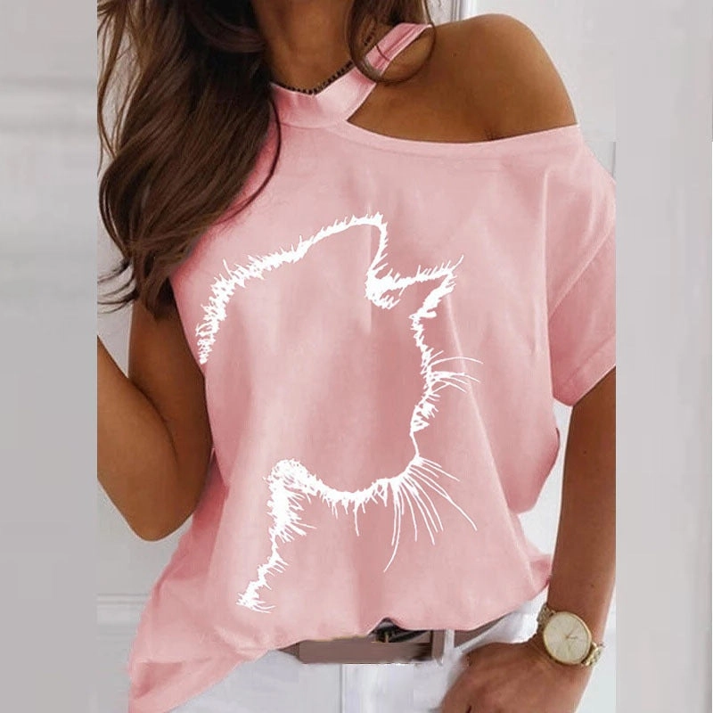Cat Print Off Shoulder Short Sleeve Tee