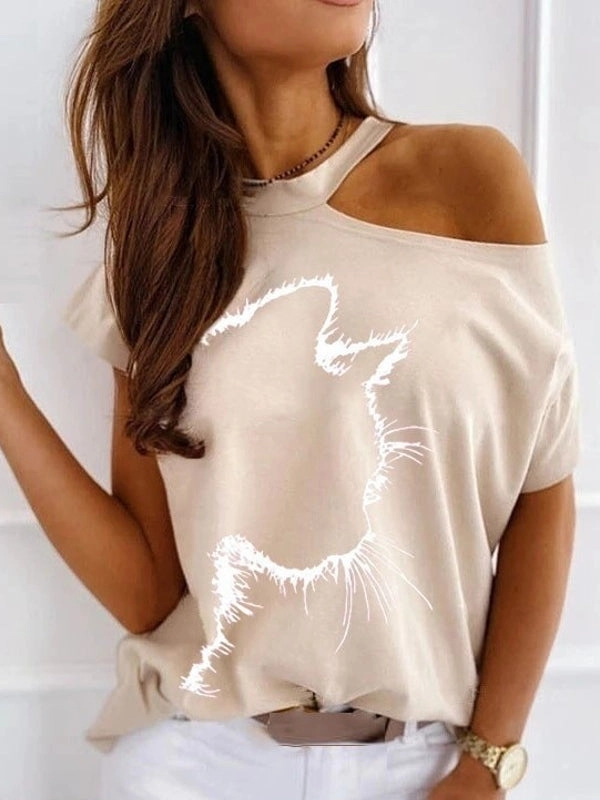 Cat Print Off Shoulder Short Sleeve Tee