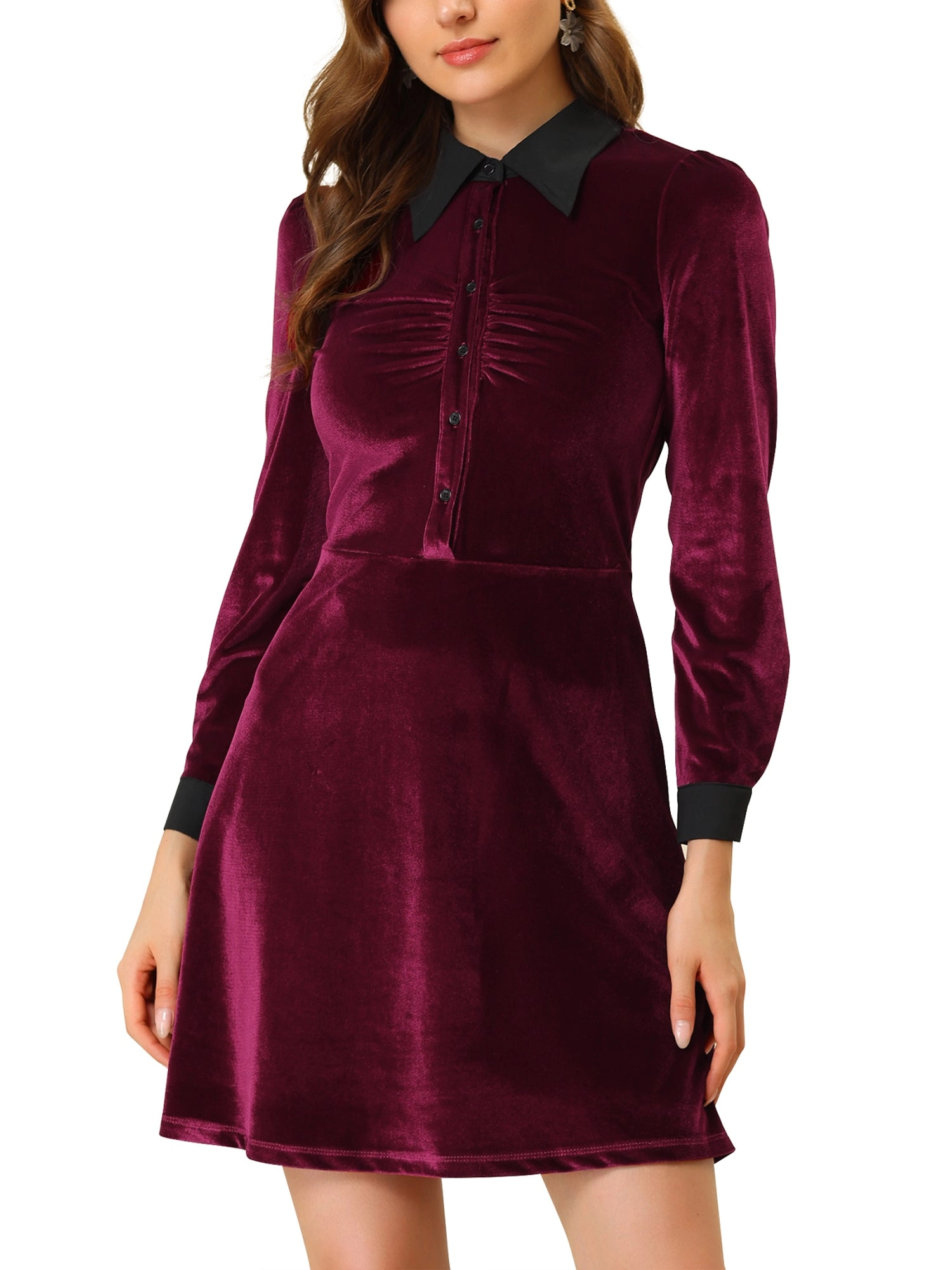 Contrast Collar A-Line Party Long Sleeve Vintage Velvet Dress