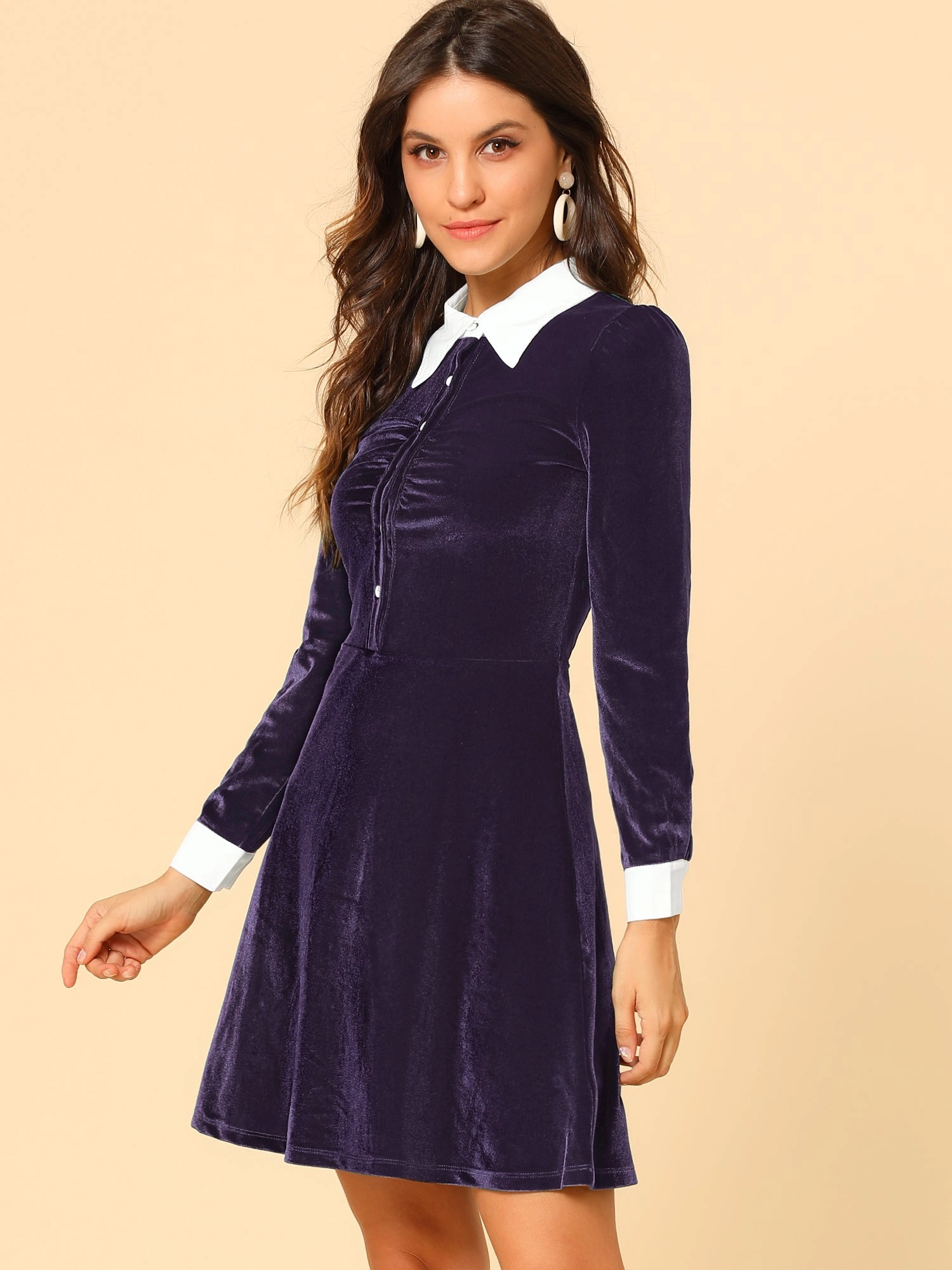 Contrast Collar A-Line Party Long Sleeve Vintage Velvet Dress