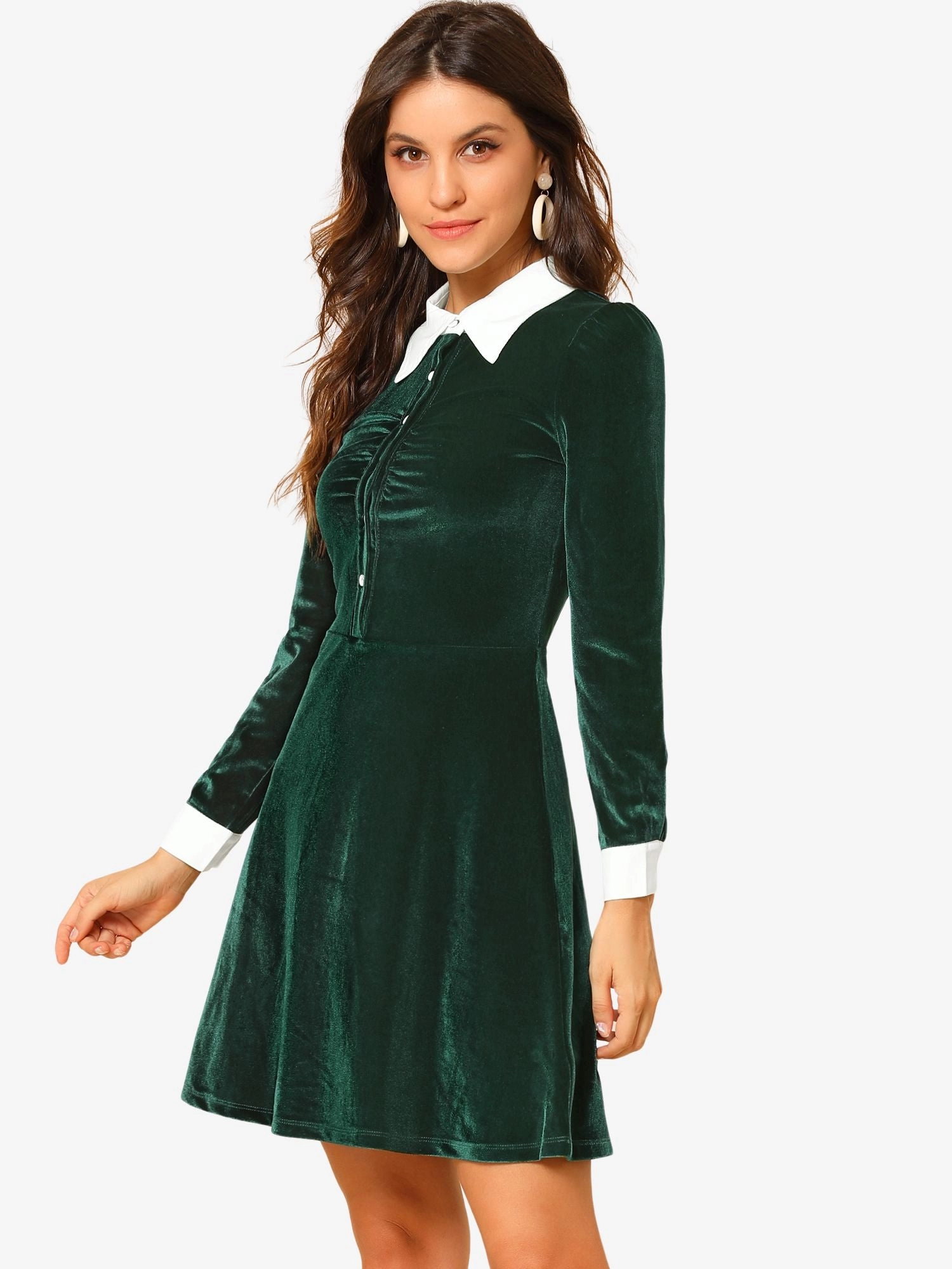 Contrast Collar A-Line Party Long Sleeve Vintage Velvet Dress