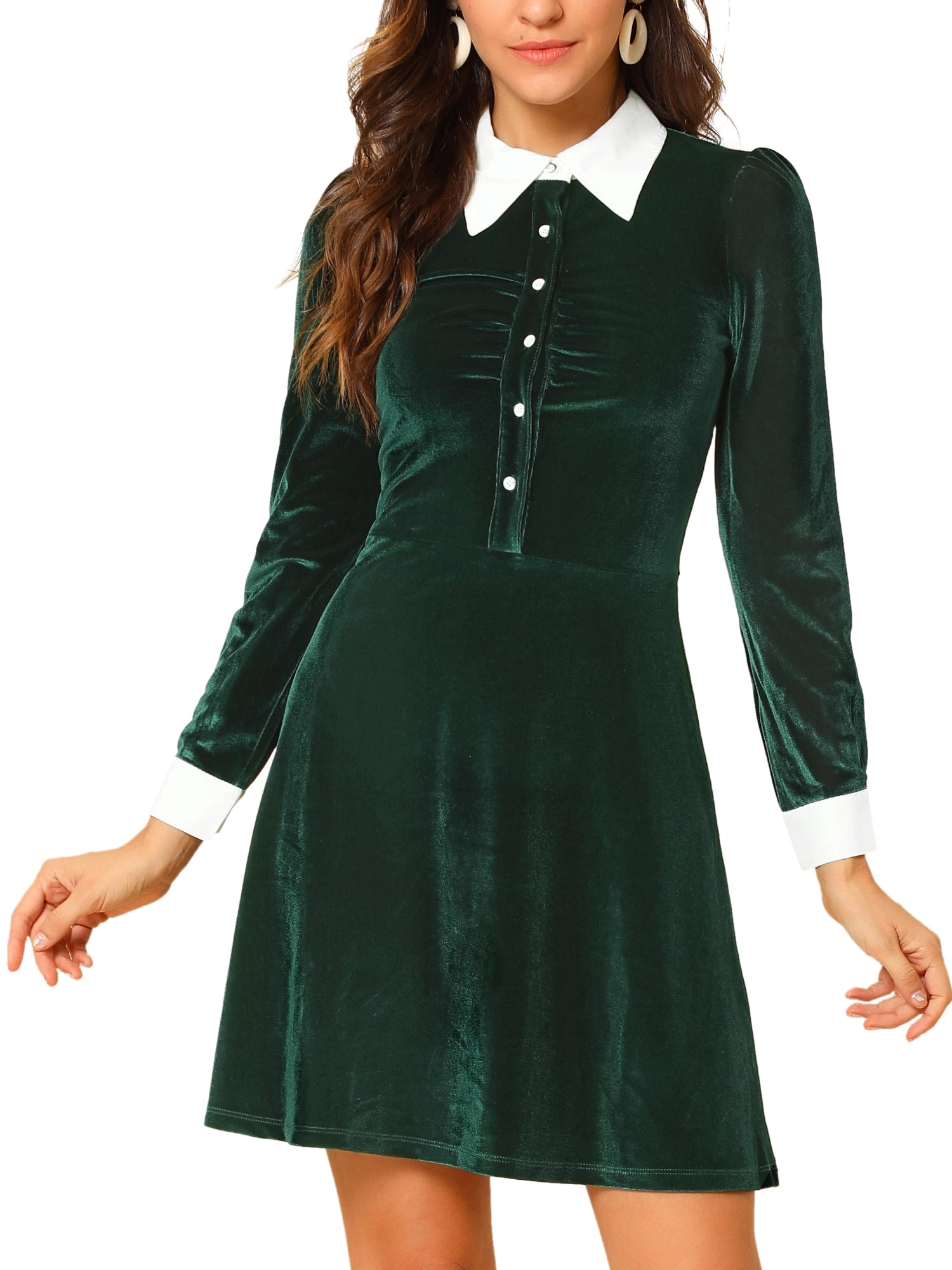 Contrast Collar A-Line Party Long Sleeve Vintage Velvet Dress