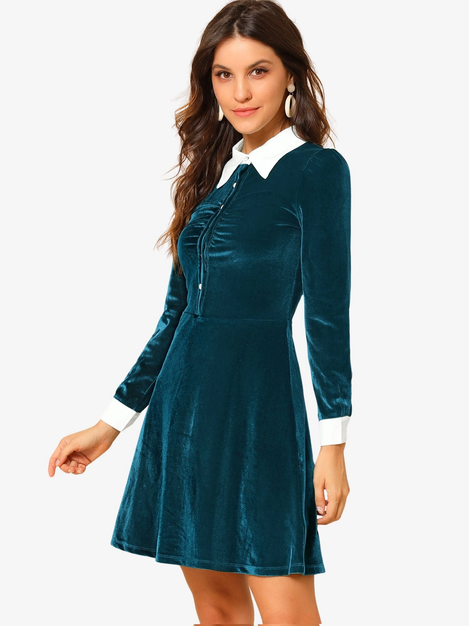 Contrast Collar A-Line Party Long Sleeve Vintage Velvet Dress