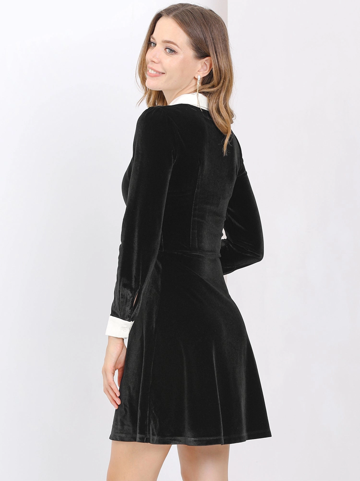 Contrast Collar A-Line Party Long Sleeve Vintage Velvet Dress