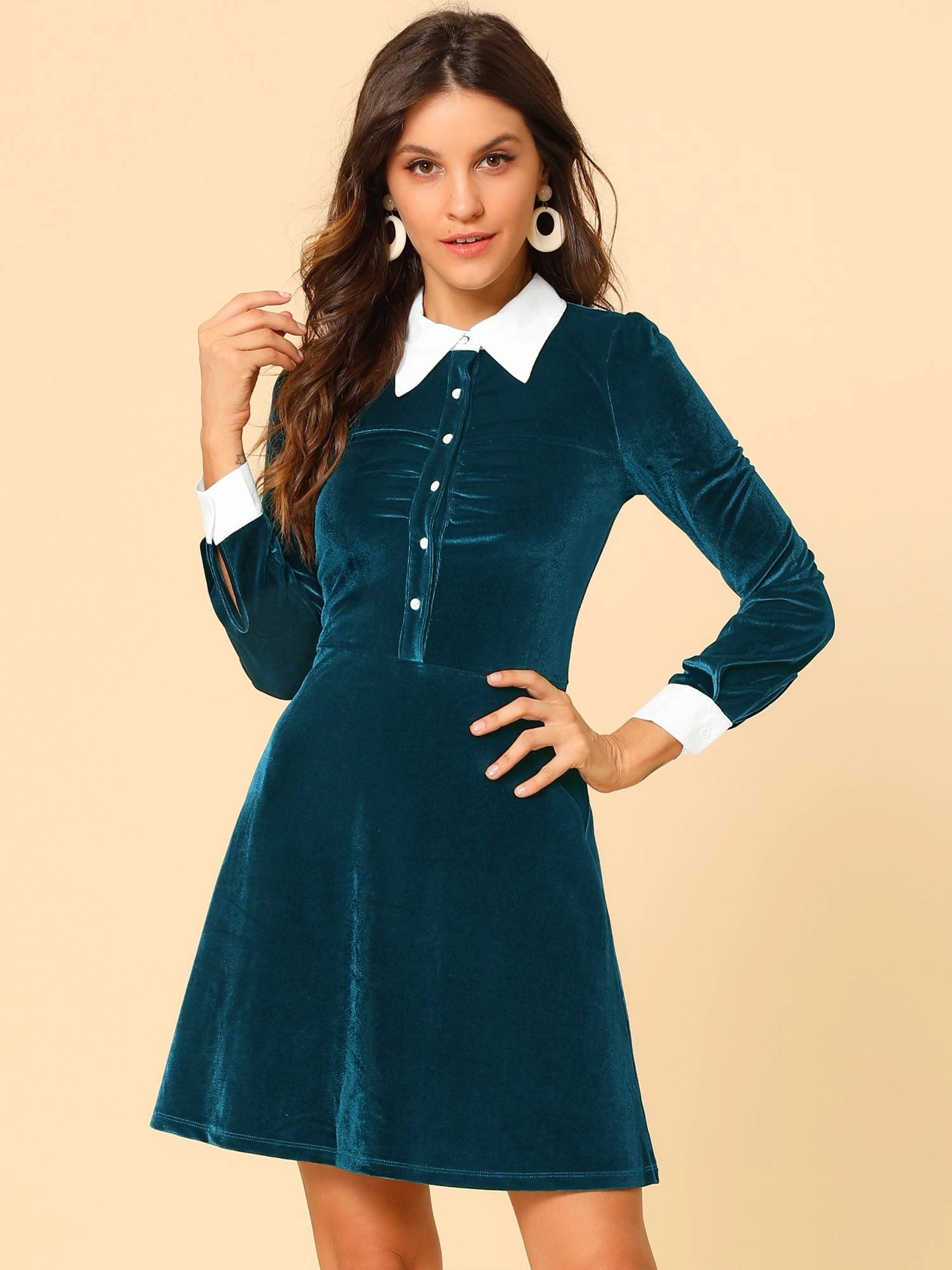 Contrast Collar A-Line Party Long Sleeve Vintage Velvet Dress