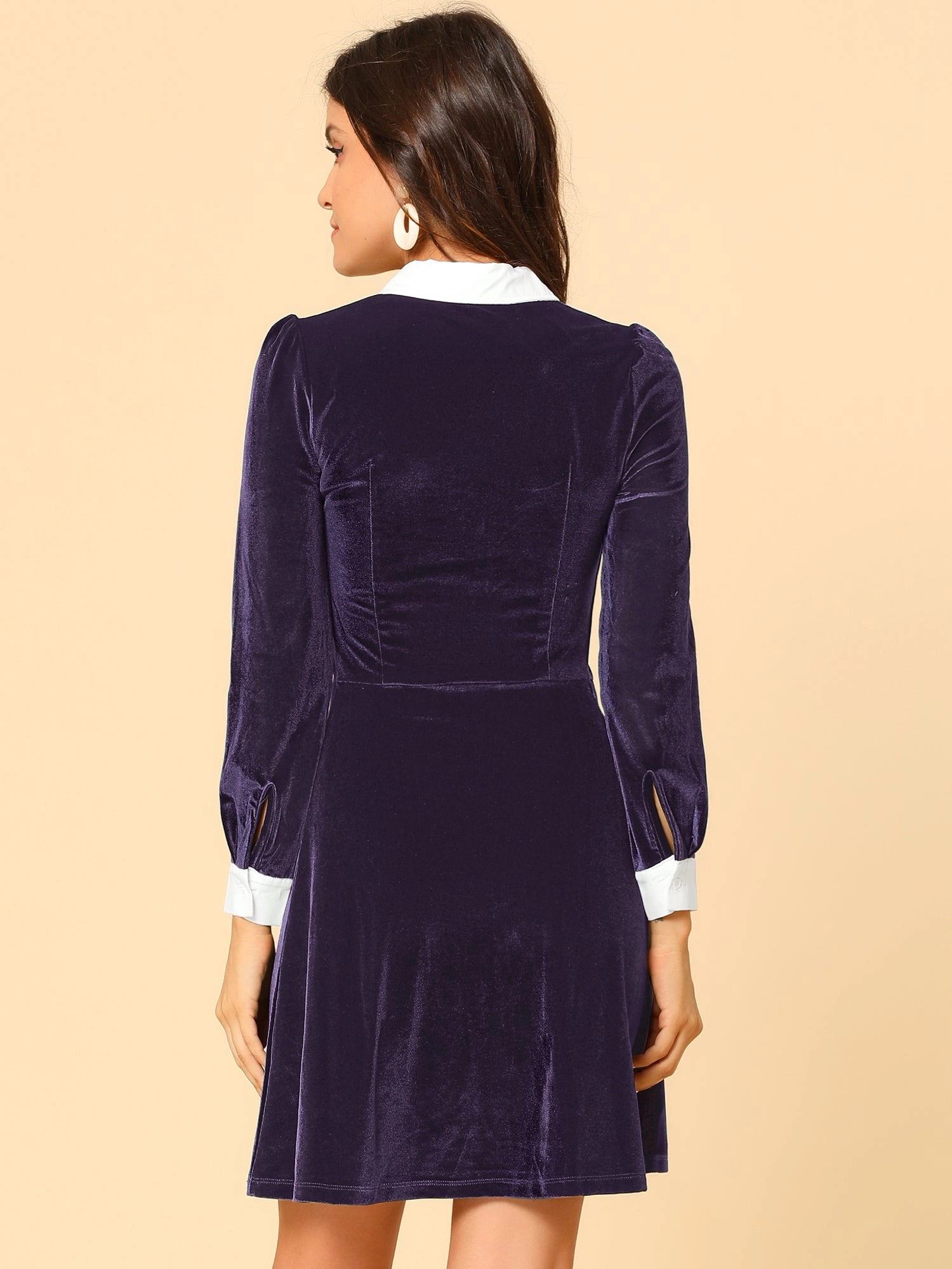 Contrast Collar A-Line Party Long Sleeve Vintage Velvet Dress