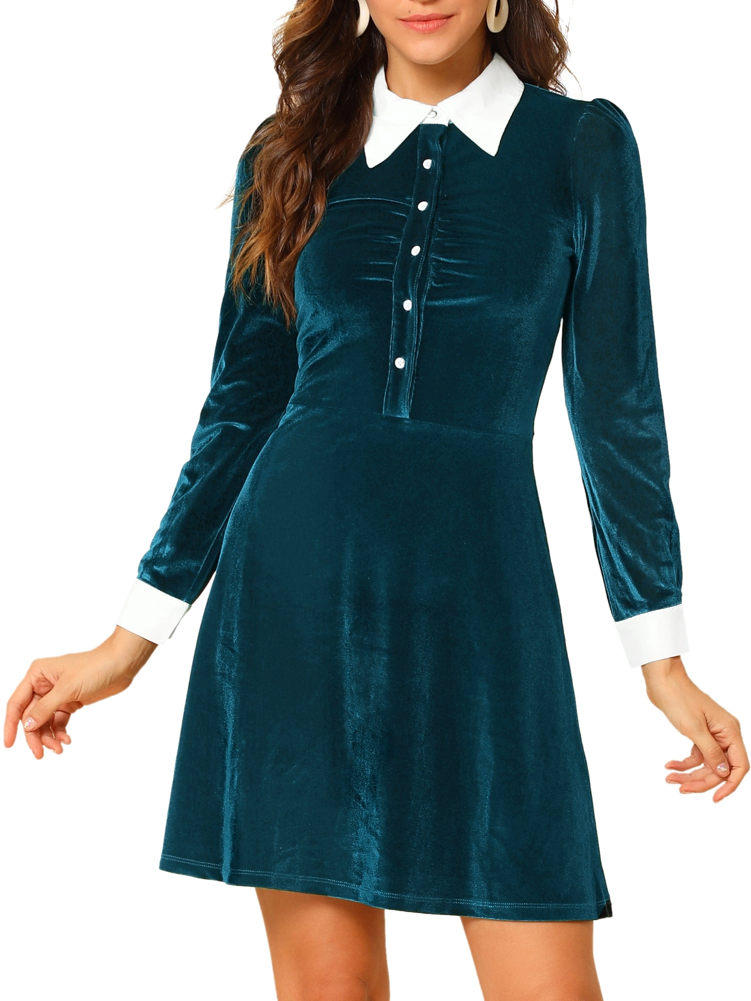 Contrast Collar A-Line Party Long Sleeve Vintage Velvet Dress