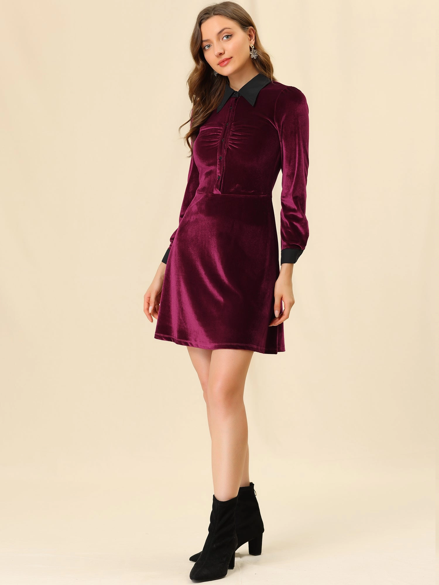 Contrast Collar A-Line Party Long Sleeve Vintage Velvet Dress
