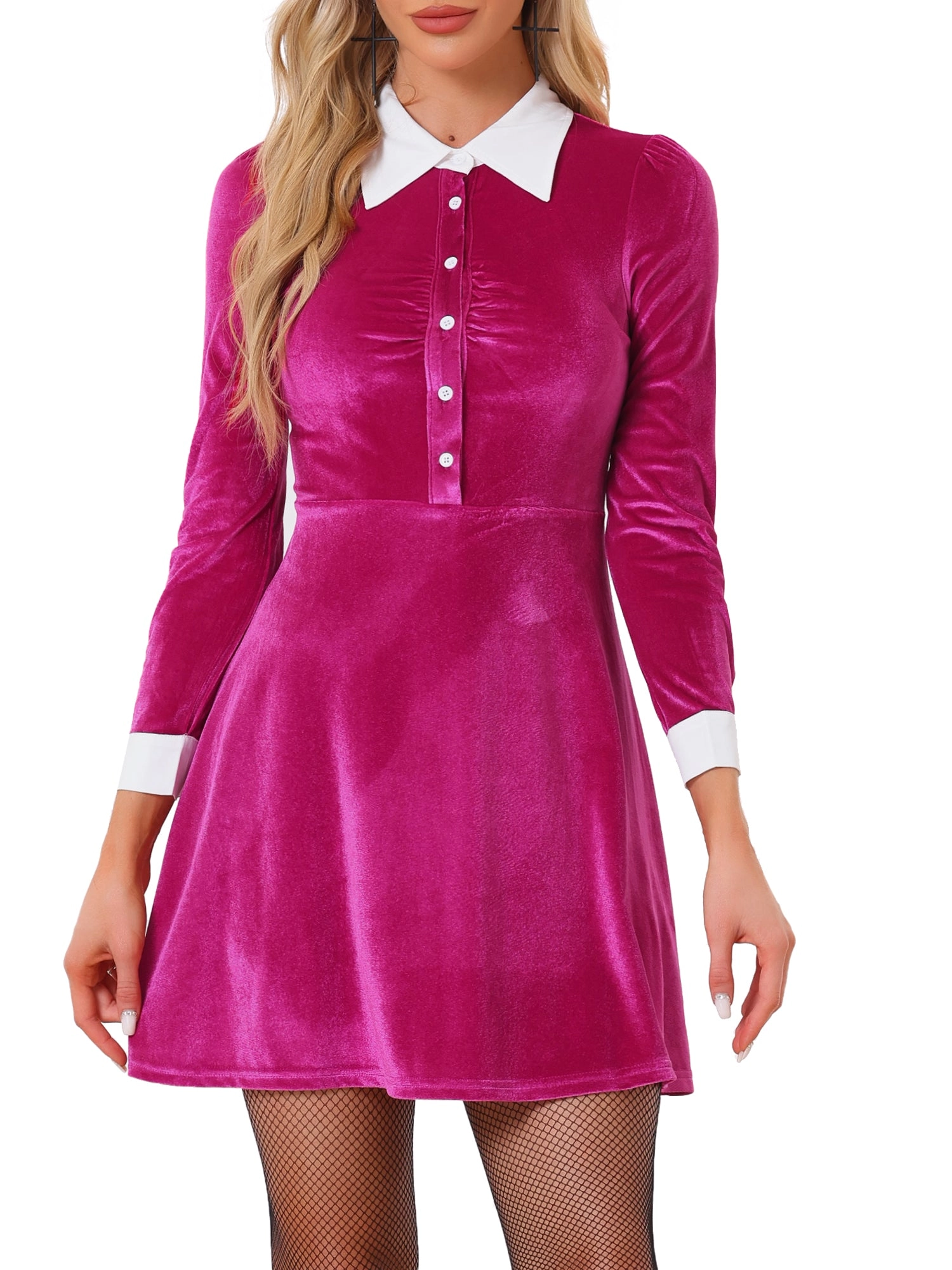 Contrast Collar A-Line Party Long Sleeve Vintage Velvet Dress