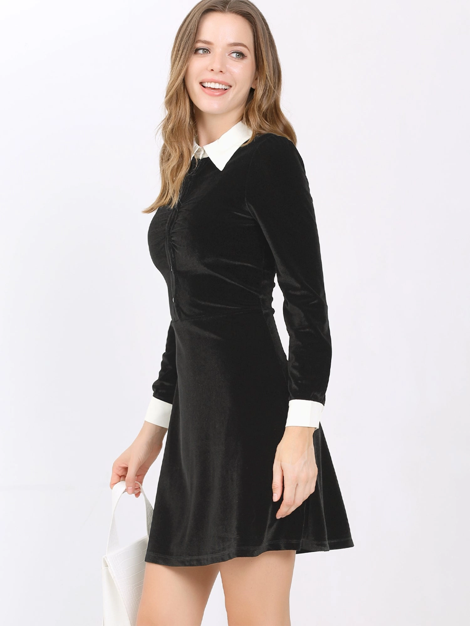 Contrast Collar A-Line Party Long Sleeve Vintage Velvet Dress