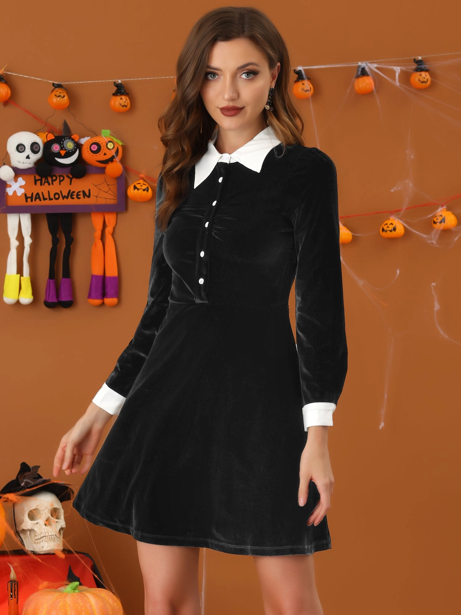 Contrast Collar A-Line Party Long Sleeve Vintage Velvet Dress