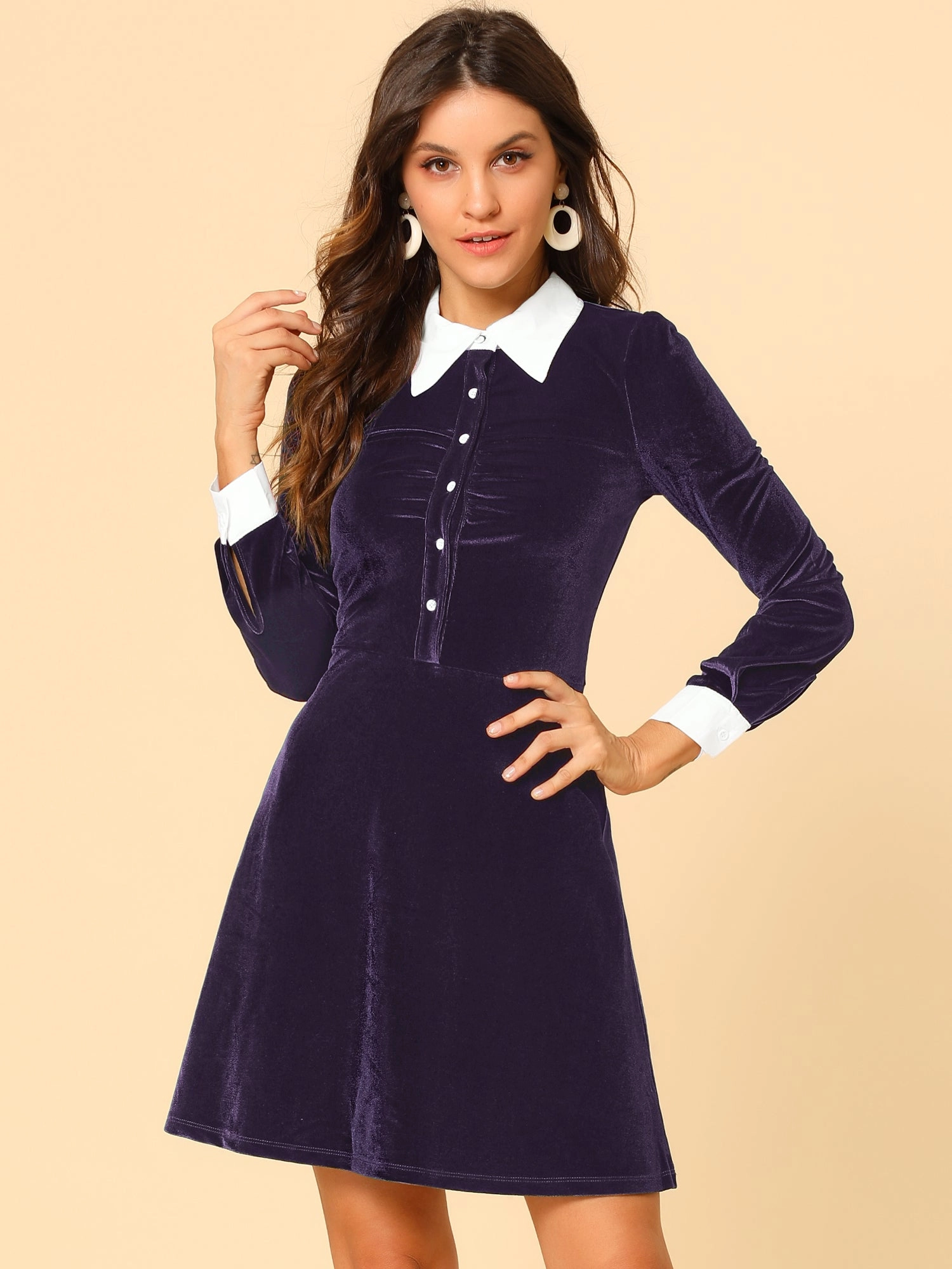 Contrast Collar A-Line Party Long Sleeve Vintage Velvet Dress
