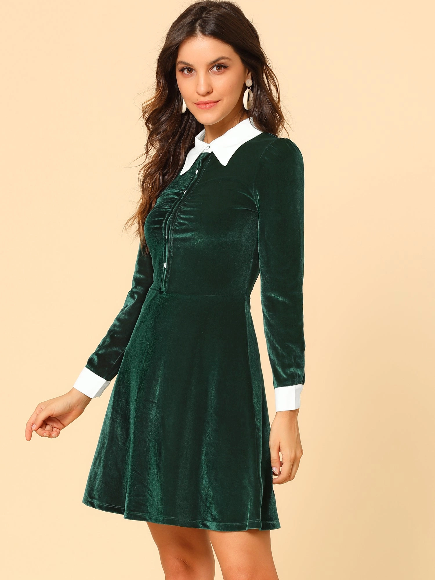Contrast Collar A-Line Party Long Sleeve Vintage Velvet Dress