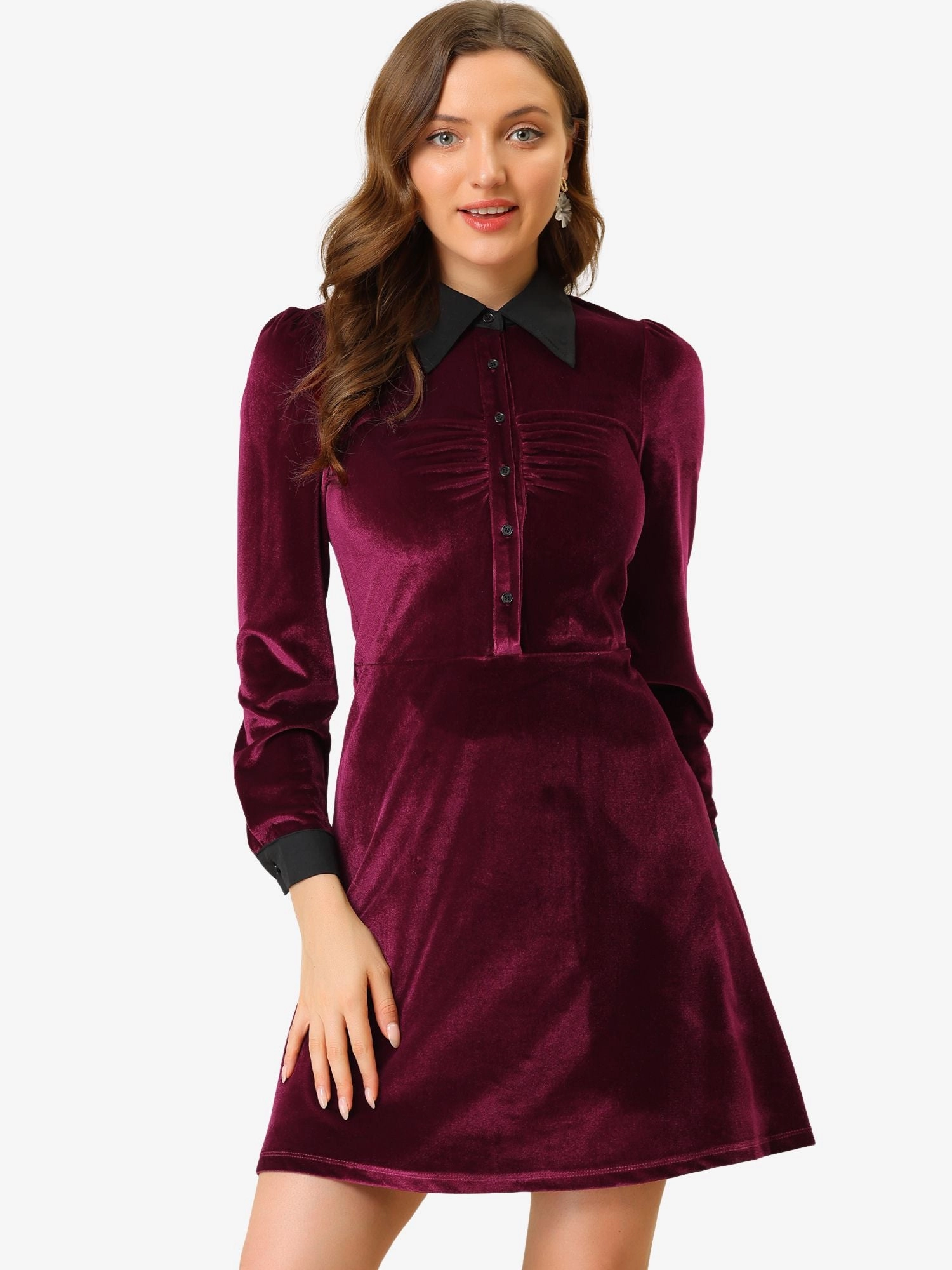 Contrast Collar A-Line Party Long Sleeve Vintage Velvet Dress