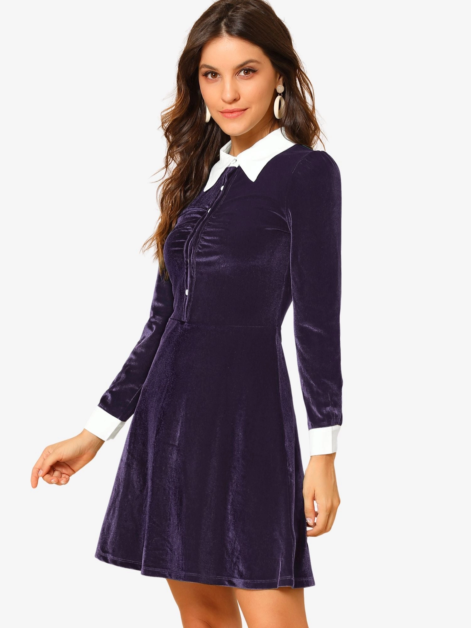 Contrast Collar A-Line Party Long Sleeve Vintage Velvet Dress