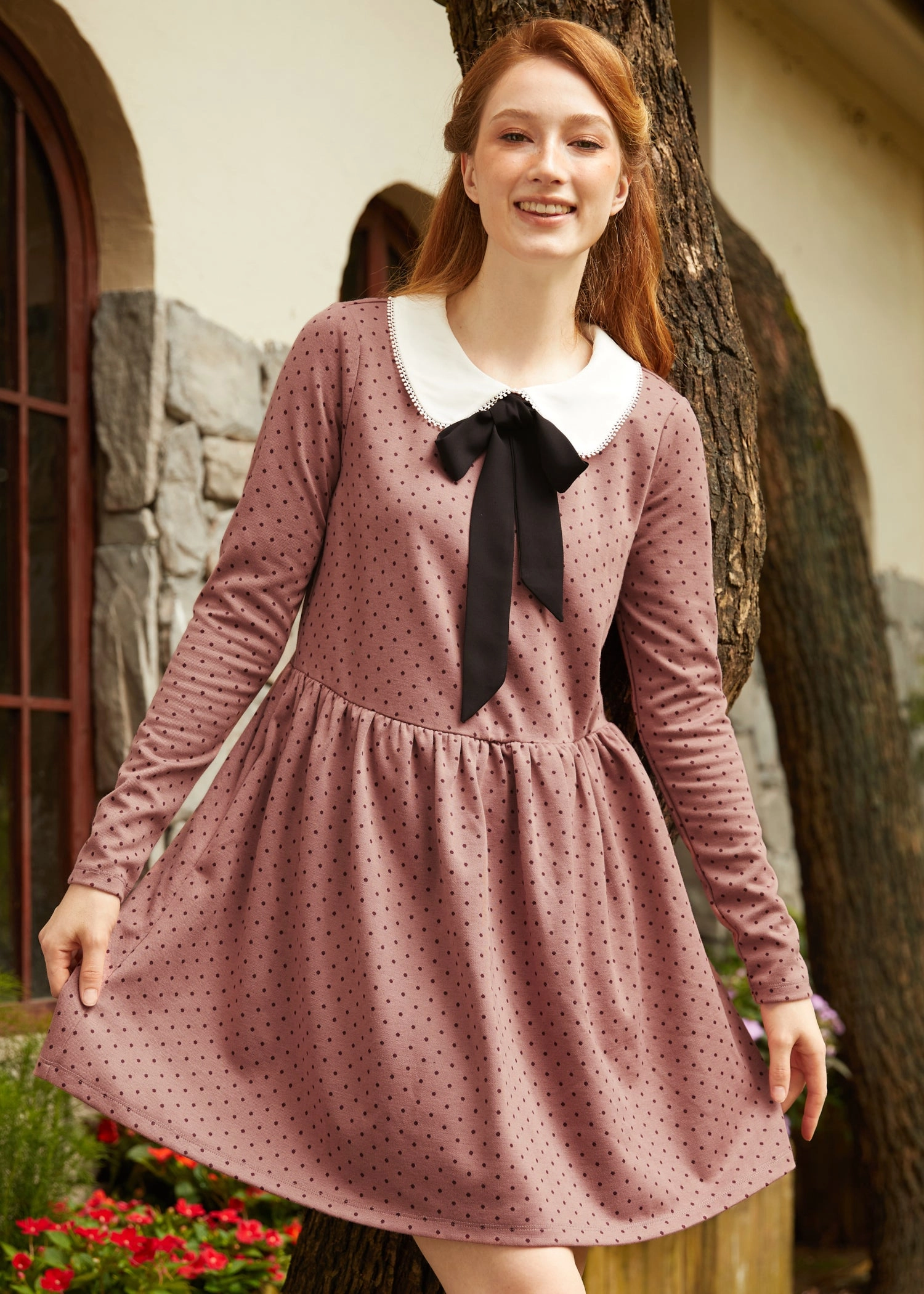 Couture Curtsy Long Sleeve Collar Dress