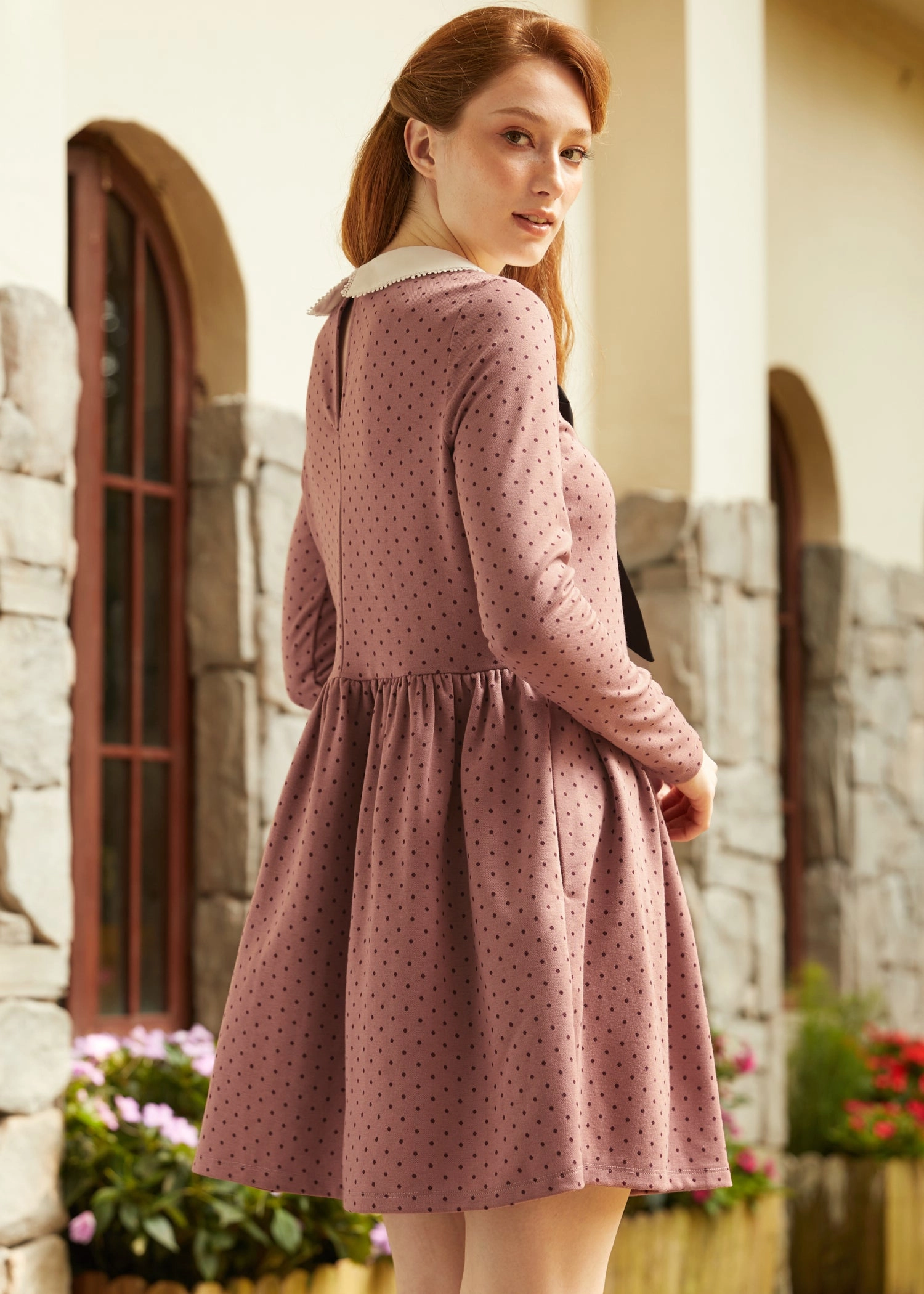 Couture Curtsy Long Sleeve Collar Dress