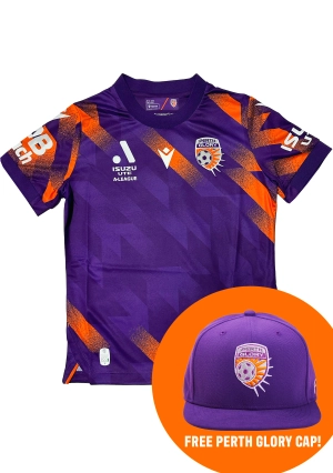 Macron Kids' Perth Glory M23/24 Match Day Home Shirt with FREE A-League Snapback Cap<br> 58584162