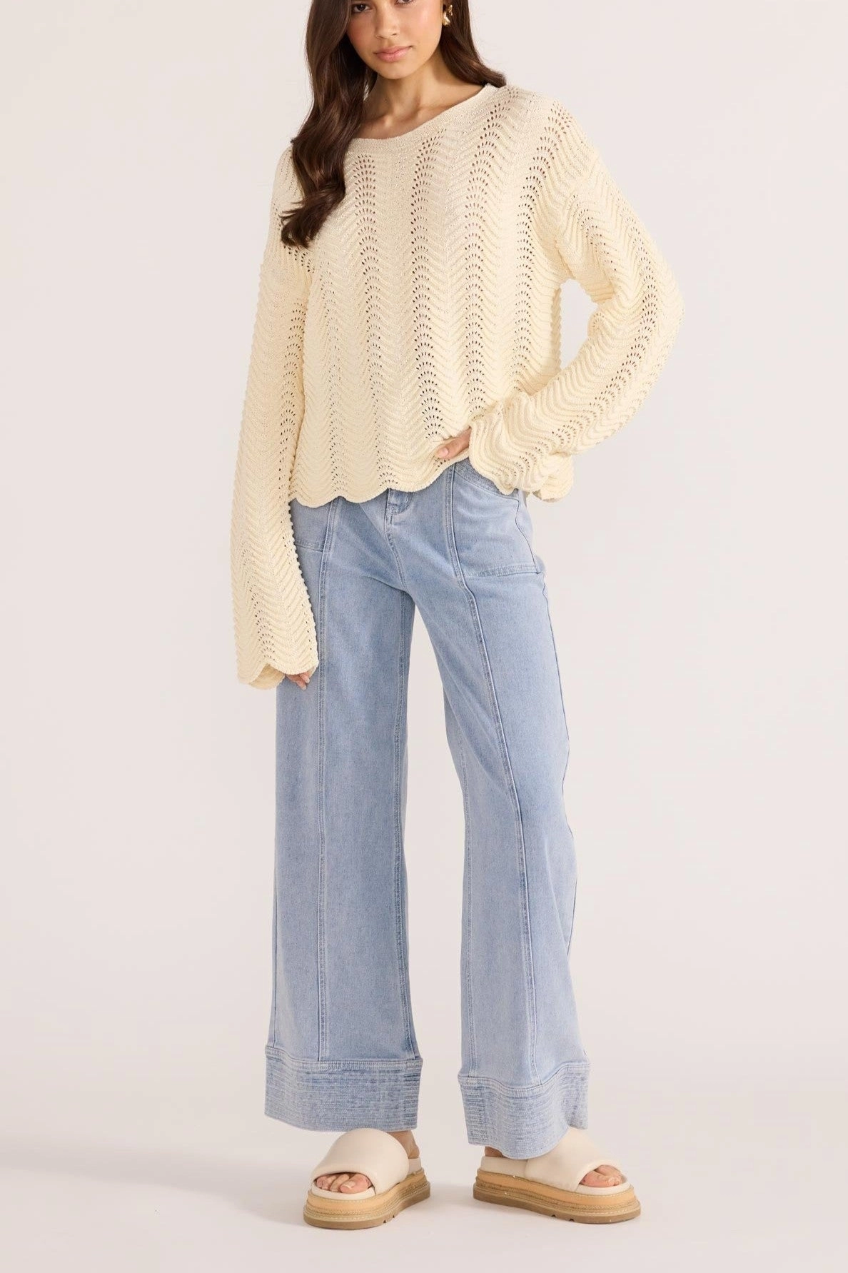 Minkpink Brooke Crochet Wave Sweater Cream
