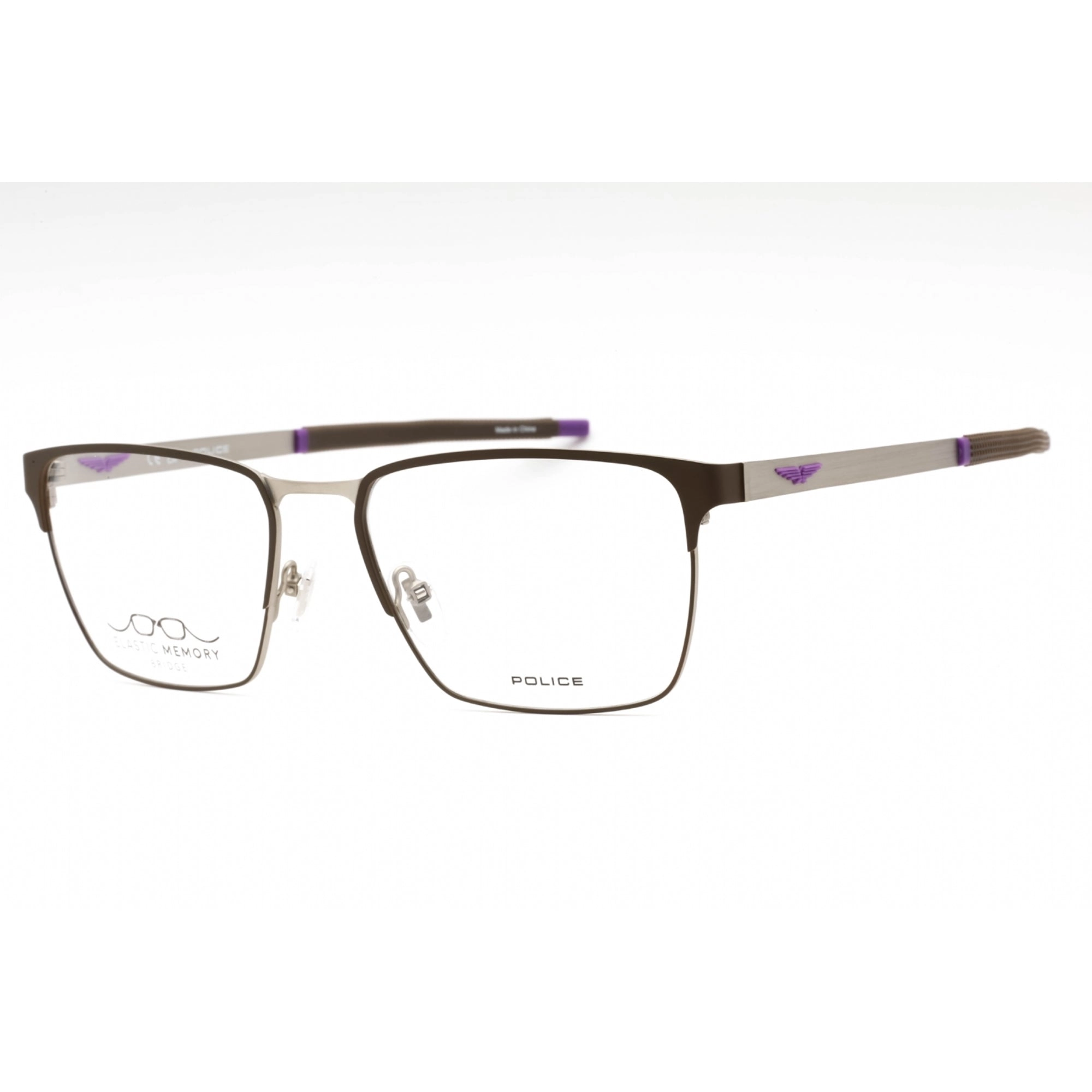 Police Men's Eyeglasses - Brown Silver Metal Rectangular Full Rim Frame | VPLG79 8BMY