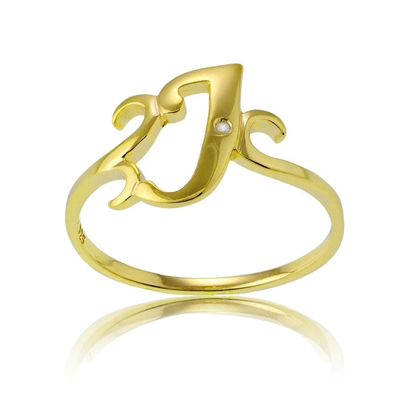 Sterling Silver 1 Micron GP Single CZ "J" Ring - W-9480
