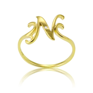 Sterling Silver 1 Micron GP Single CZ "N" Ring - W-9486