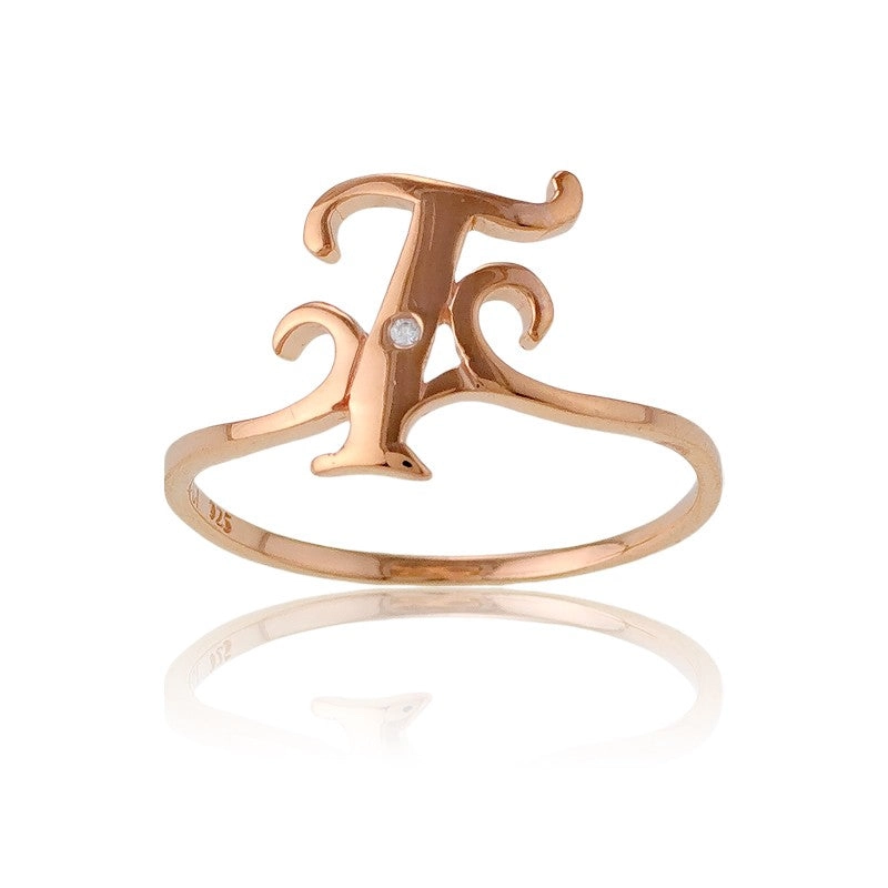 Sterling Silver 1 Micron GP Single CZ "T" Ring - W-9495