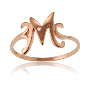Sterling Silver 1 Micron Rose GP Single CZ "M" Ring - W-9484