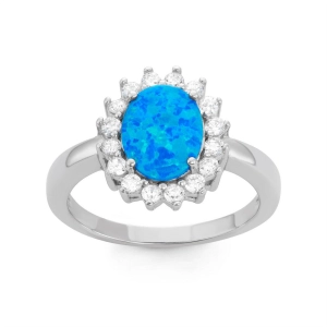 Sterling Silver Blue Inlay Opal Oval with CZ Ring - W-1510