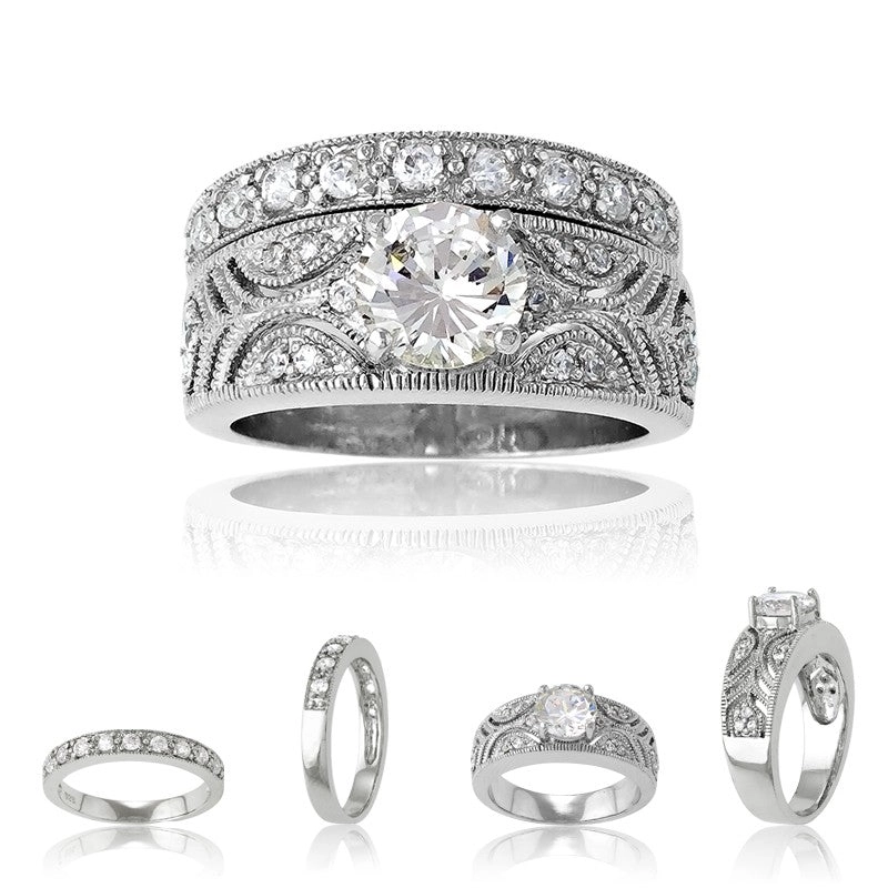 Sterling Silver Designed Clear CZ Ring Wedding Band - W-8035