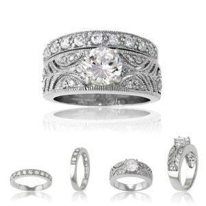 Sterling Silver Designed Clear CZ Ring Wedding Band - W-8035