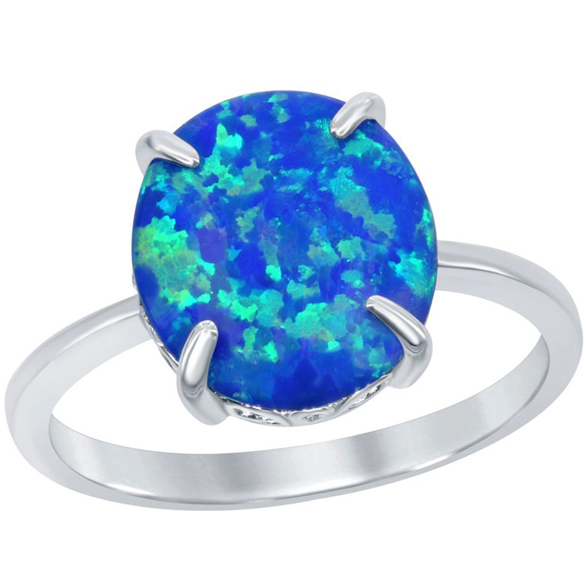 Sterling Silver Four-Prong Blue Inlay Opal Oval Ring - W-1830