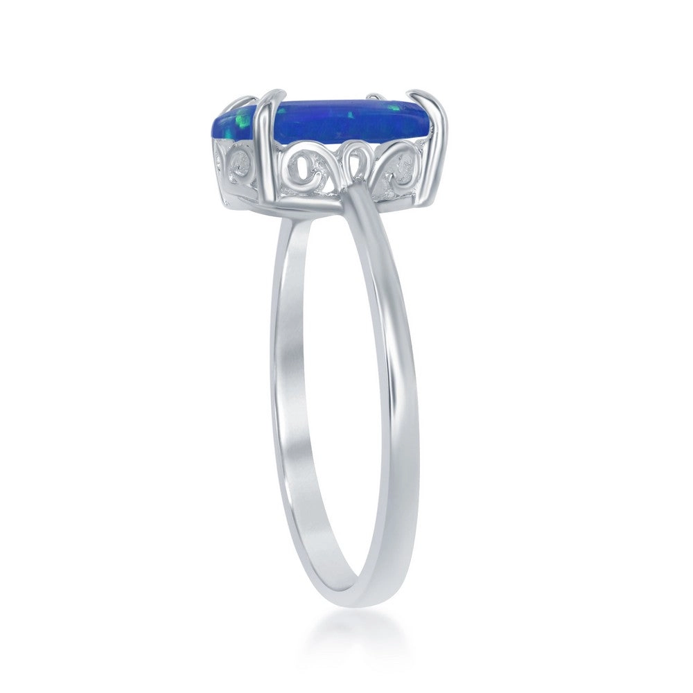 Sterling Silver Four-Prong Blue Inlay Opal Oval Ring - W-1830