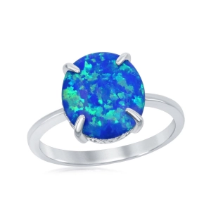 Sterling Silver Four-Prong Blue Inlay Opal Oval Ring - W-1830