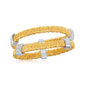 Sterling Silver Gold Threads Double CZ Bars Ring - W-8955
